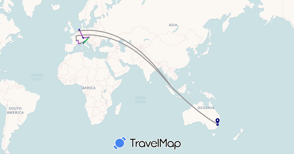 TravelMap itinerary: driving, bus, plane, cycling, train, hiking in Austria, Australia, Germany, France, Italy, Monaco, Netherlands, Singapore (Asia, Europe, Oceania)